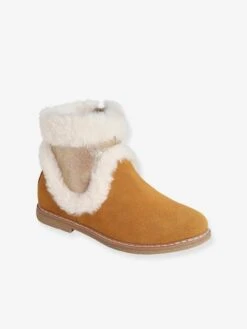 Boots Bicolores Cuir Fourrées Fille Camel - Vertbaudet