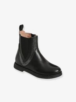 Boots En Cuir Bi-matière Fille Noir - Vertbaudet