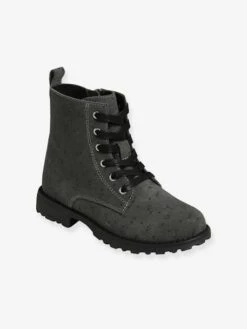 Bottines Cuir Lacées Et Zippées Fille Gris Fleurs Imprimés - Vertbaudet