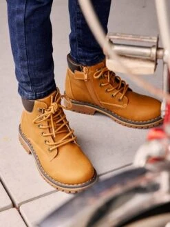 Bottines Garçon à Lacets + Glissière Kaki Fonce - Vertbaudet