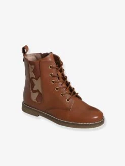 Bottines Hautes Lacées Et Zippées En Cuir Fille Camel - Vertbaudet