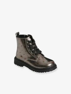Bottines Imprimées Bébé Fille Lacées Et Zippées Argent Aop Fleurs - Vertbaudet