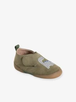 Chaussons Scratchés Bébé En Cuir Souple Kaki Clair - Vertbaudet